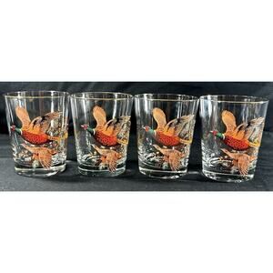 Libbey Pheasant Old Fashioned Glasses Set of 4 Game Birds Gold Rim 12oz 4.25”